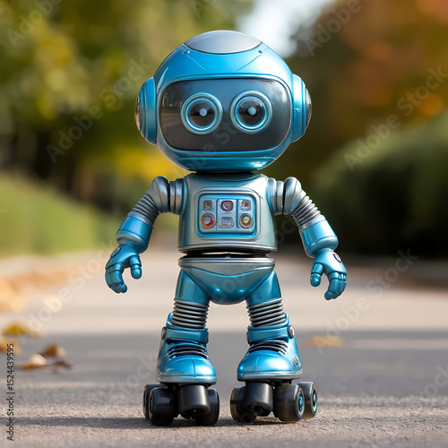 Toy robot on roller skates standing in a park during autumn  