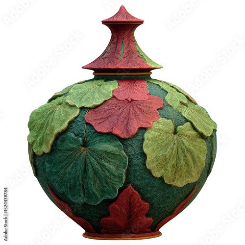 Decorative Ceramic Vase with Leaf Motif in Green, Red, and Gold, Artistic Design Showcasing Nature-Inspired Craftsmanship for Home Decor and Art Enthusiasts