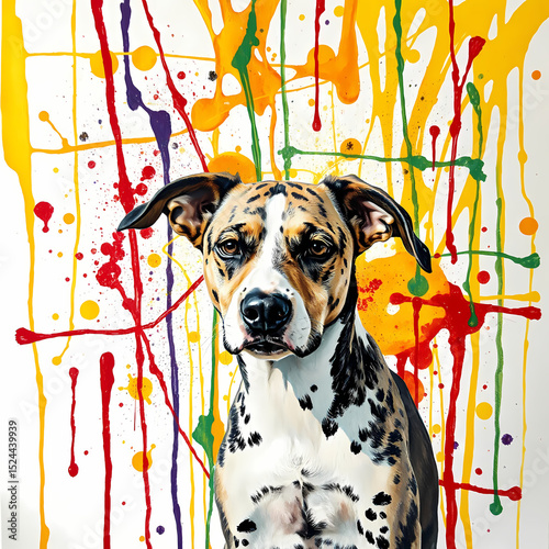 Colorful paint splash background with playful dog posing for photo  