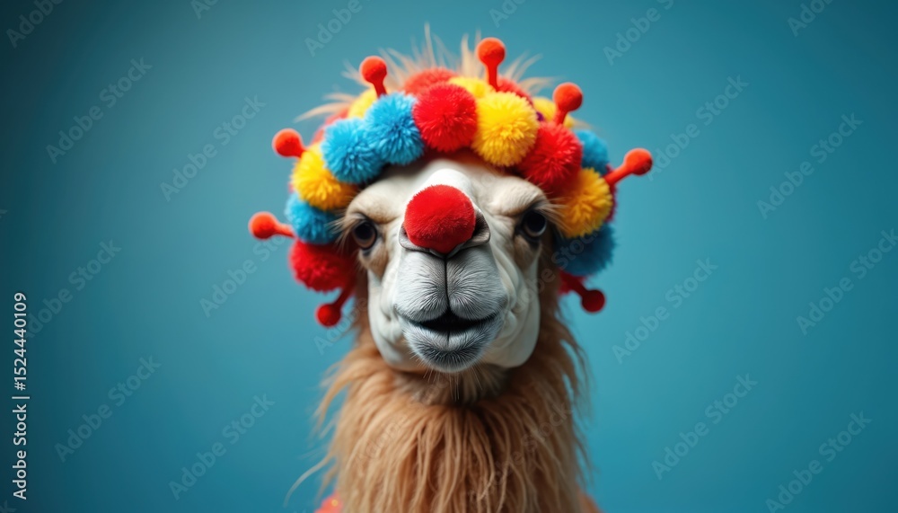 Naklejka premium Camel dressed as clown on blue background. Funny animal wearing wig red nose. Amusing character with comical attire, bizarre look. Circus entertainment, humor. Bright colorful photo for design.