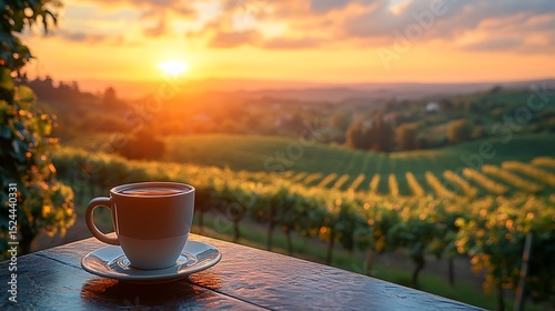 Coffee cup at sunrise over vineyard