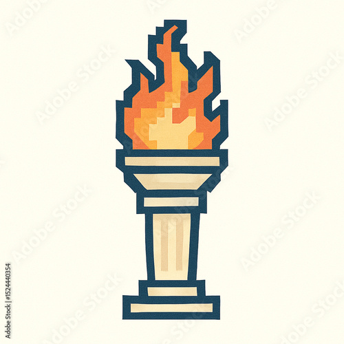 Retro Pixel Art Flaming Torch Icon Featuring Greek Architecture Motif
