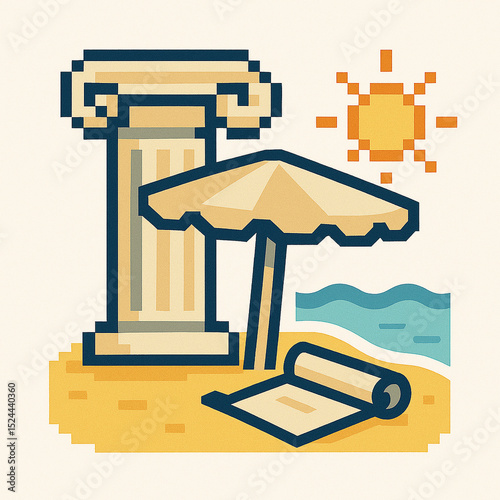 Retro Pixel Art Beach Icon Featuring Roman Architecture Motif
