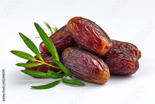A 4K photo of big dates isolated. Dry date fruits heap, medjool, medjoul or majhool, royal dates with green leaves on white background.