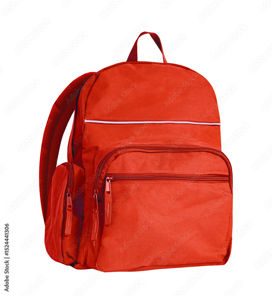 Fototapeta premium Red backpack isolated on white, knapsack,schoolbag.Single object.School item.