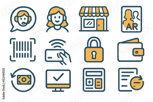 Set of technology and commerce icons including female avatar
