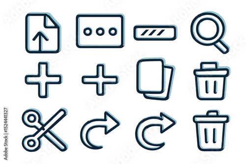 Neon blue icon set: file, card, search, plus, refresh, trash