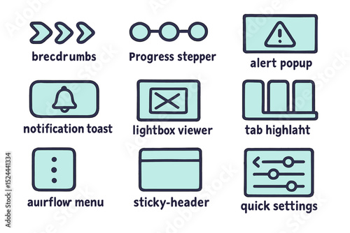 User interface icons: breadcrumbs, progress, alerts, notifications, menus, settings