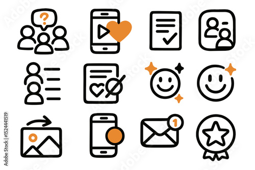 Black digital icons with orange glow on brown background