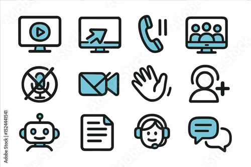 Blue and black communication technology icons on dark background
