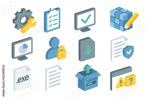 Glowing computer icons featuring tools, security, and downloads
