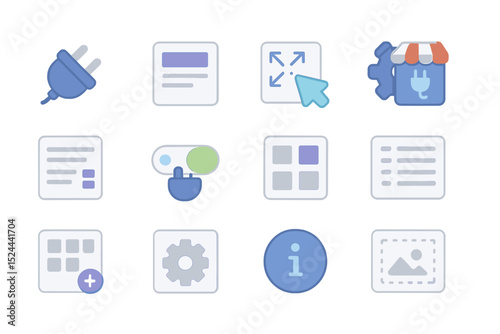 Digital interface icons set on gray background with blur effect