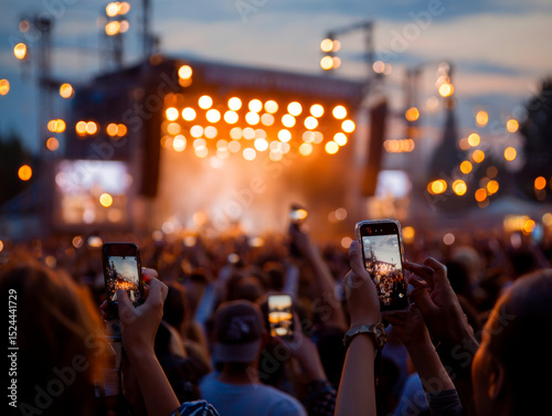 Crowd enjoying outdoor summer music festival at dusk, taking photos and videos