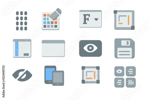 User interface design icons set on reflective metal background