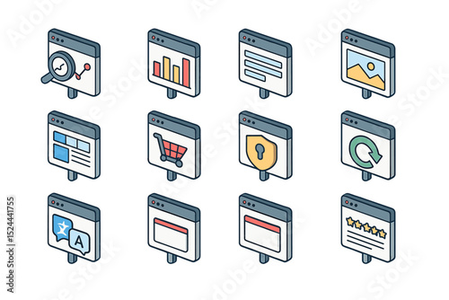 Twelve web and data icons representing analysis, security, and shopping