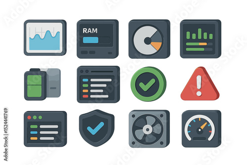 Dashboard icons for system monitoring and performance metrics