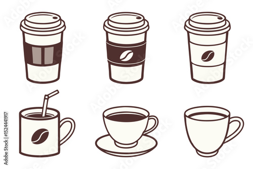 Vector illustration of coffee cups and coffee to go cups in simple line art