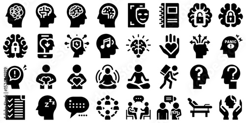 Psychological icon set featuring emotions and mental health symbols