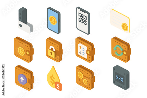 Isometric cryptocurrency wallet icons with security and transaction features