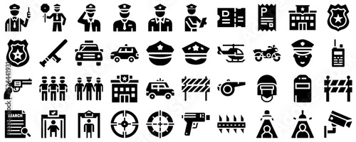 Police icon set featuring officers, vehicles, and equipment in black silhouettes
