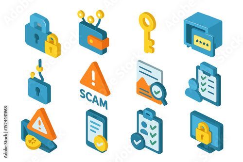 Cybersecurity icons illustration featuring lock, key, alert symbols