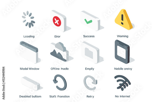 Glowing 3d ui icons set with error, success, and warning symbols