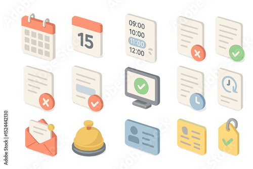 Isometric icons of calendar, documents, clock, and notifications