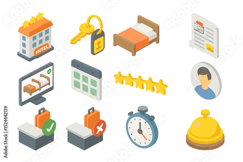 Isometric hotel booking icons with check-in, room, and service symbols