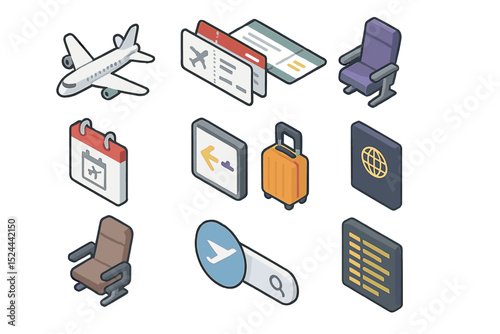Isometric icons of travel essentials: tickets, luggage, passport, and airplane