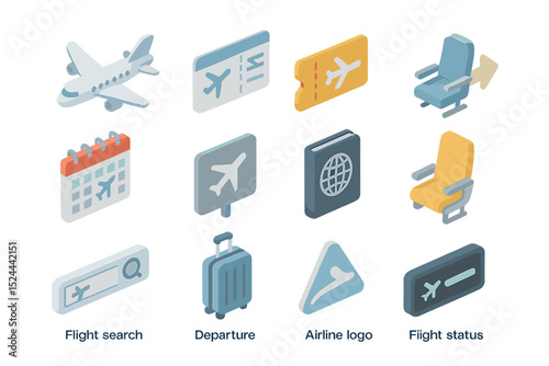 Set of airline and travel icons featuring airplane and luggage graphics