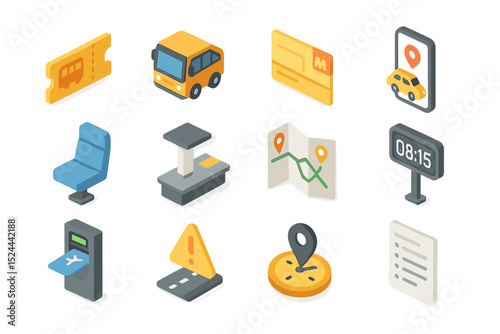 Isometric transportation icons featuring maps, vehicles, tickets, and navigation