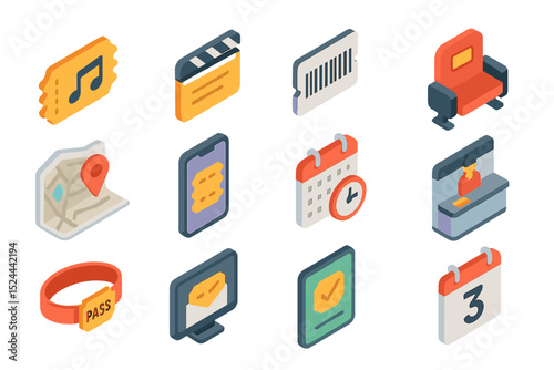 Isometric entertainment and travel icons in vibrant colors