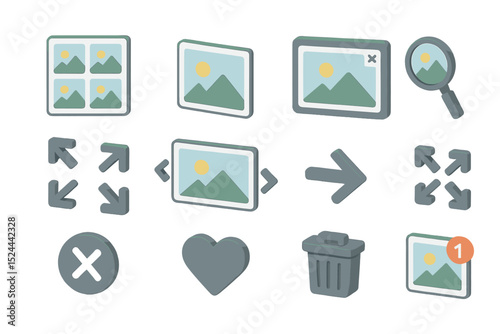 Image gallery icons with navigation, heart, and delete features