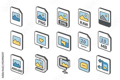 Isometric icons of different image file types and compression tools