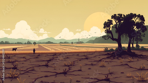 The barren field stood as a striking contrast to the lush farms nearby a harsh reminder of the fickleness of nature and its devastating consequences.. Vector illustration