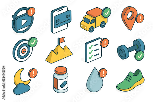 Isometric icons set with map, fitness, delivery, payment, and health symbols