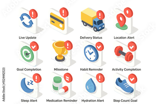 Isometric alert icons: goals, reminders, updates, and notifications