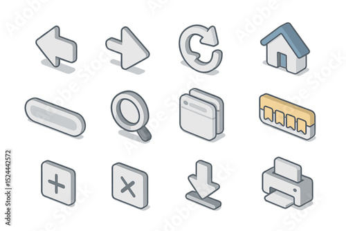 Set of 12 isometric web icons: arrows, home, search, printer, download