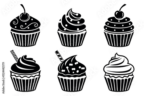 Vector illustration of six black and white cupcakes with decorative frosting designs