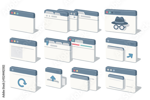 Various web browser windows and tabs including incognito mode and download icons