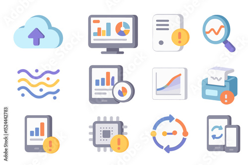 Data analytics and cloud computing icons with alerts in modern style