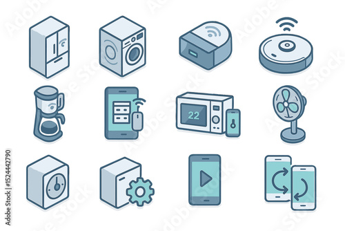 Smart home technology icons featuring various household appliances