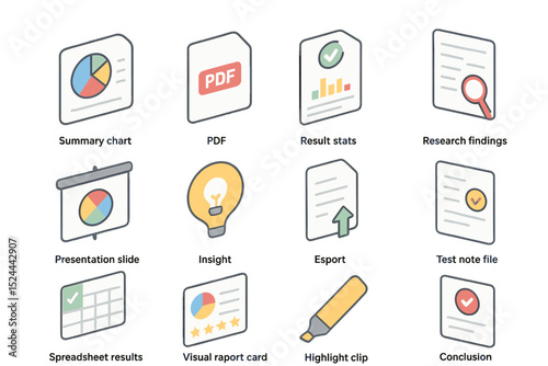 Infographic icons: pdf, chart, insights, results, analysis, spreadsheet