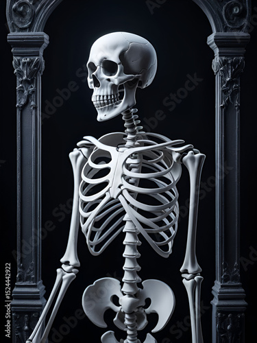 Haunting Melodies: Skeleton Trumpeter in a Dark Banner Design