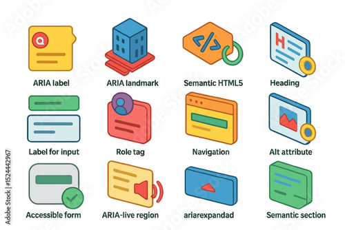 Colorful icons representing web accessibility and semantic html5 elements