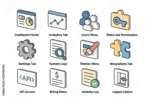 User interface icons for dashboard, analytics, users, roles, settings, themes