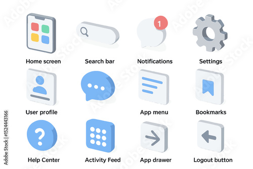 Mobile interface icons with notifications and settings gear