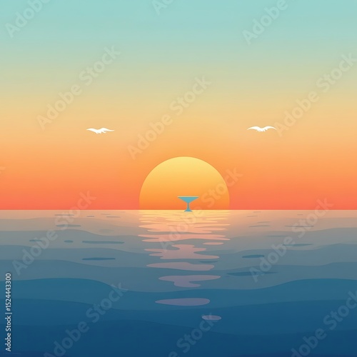 Ocean Sunset with Birds and Calm Water in Dreamy Sky