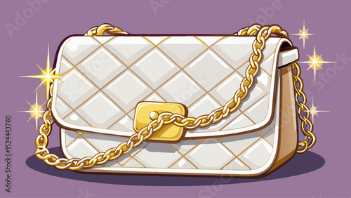 An elegant white shoulder bag with gold chain strap rests gracefully. Its quilted pattern and glossy finish sparkle subtly, making it ideal for stylish urban evenings and everyday sophistication.

