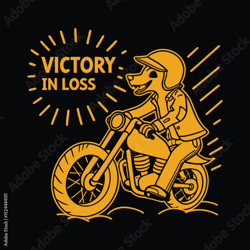 Victory in Loss, Skeleton Dog Riding Motorcycle Illustration, t-shirt design